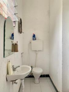 W łazience znajduje się umywalka, toaleta i lustro. w obiekcie Mambo & Jambo House w mieście Mwanza