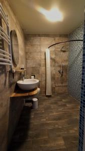 La salle de bains est pourvue d'un lavabo et d'une douche. dans l'établissement ART Chalet, à Akhaltsikhé