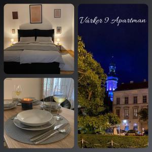 eine Collage mit Fotos mit einem Bett und einem Turm mit blauem Licht in der Unterkunft Várker 9 Apartman in Sopron