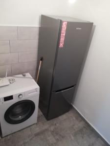 y baño con lavadora y lavadora. en Apartament Brezoi, en Brezoi