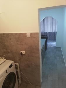 een wasruimte met een wasmachine en een wastafel bij Apartament Brezoi in Brezoi