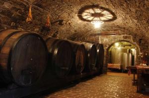 a row of wine barrels in a stone cellar at Turistična kmetija Birsa in Dobravlje