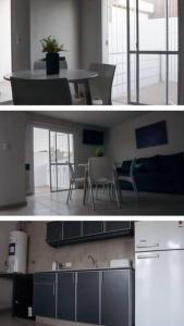 2 fotos de una cocina y una sala de estar en Departamento Soberania totalmente amoblado en 