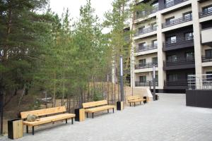 a row of benches in front of a building at Park House in Barmashino