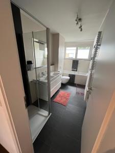 a bathroom with a glass shower and a toilet at Penthouse-Wohnung - Balkon - Dachterrasse - Zentrum in Nürnberg +42 photos