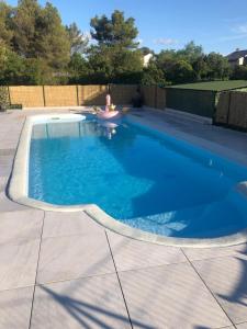 a swimming pool with a person in a chair in the water at Lipovac resort Ficus in Bilice