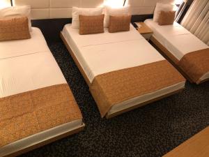 デニズリにあるInci Class Hotelのベッド3台が備わる客室で、
