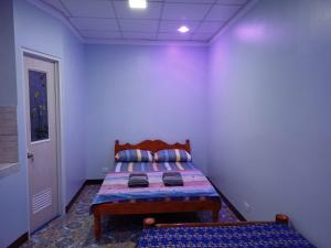 um quarto com uma cama num quarto azul em Sky Beach Hotel em Catmon