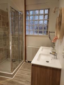 a bathroom with a sink and a shower at Sous murs, petite maison de ville au charme authentique in Auxerre
