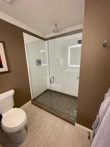 uma casa de banho com um WC e uma cabina de duche em vidro. em Majestic Inn and Spa em Anacortes