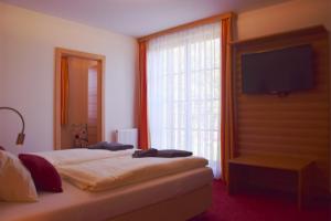 a bedroom with a bed with a television and a window at Beerenhof Wiesen in Mattersburg