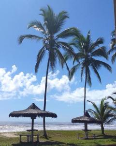 dos palmeras y dos sombrillas en una playa en POUSADA STELLA MARIS, en Canavieiras