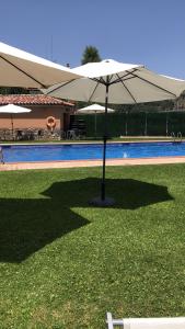 a large umbrella sitting in the grass next to a pool at Casa Tapiolas Rectoría in Molló