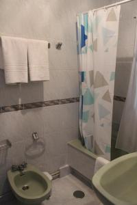 a bathroom with a green toilet and a shower at Mesón da Pedra in Burela de Cabo