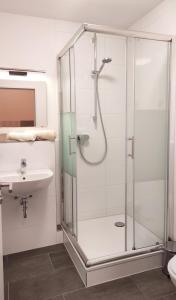 a bathroom with a shower and a sink at Abtei Hotel in Brauweiler