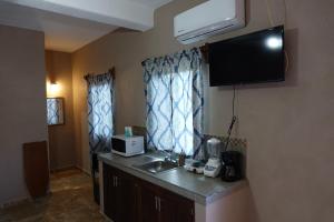 uma cozinha com um lavatório e uma televisão na parede em Bungalows Victoria em La Manzanilla