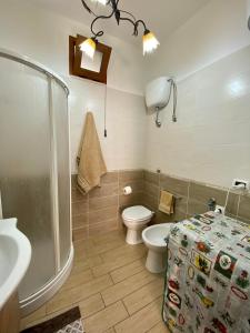 La salle de bains est pourvue de toilettes, d'un lavabo et d'une douche. dans l'établissement Casa Vacanza di Iside, à Montegiordano