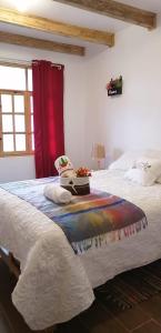 a bedroom with a large bed with a red curtain at La Cabaña de Mari in Oxapampa