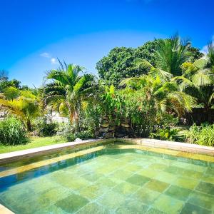 a swimming pool in a yard with palm trees at Castelo Vendôm Ecolodge Parajuru in Parajuru