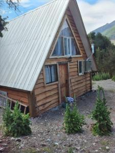 uma cabana de madeira com uma janela e uma porta em Cabaña Nawel em Melipeuco