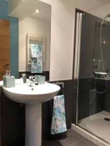 uma casa de banho com um lavatório e um chuveiro em Duplex-Ático Cangas do Morrazo em Cangas