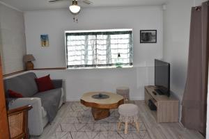 ein Wohnzimmer mit einem Sofa, einem Tisch und einem TV in der Unterkunft Gîte MAZUR in Saint-Claude