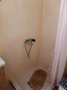 a shower in a bathroom with a shower curtain at Lemon Garden 1 in Karídhion
