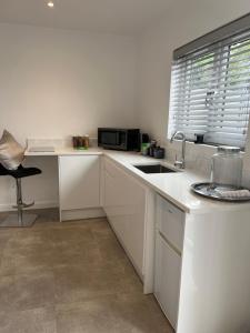 a white kitchen with a sink and a microwave at Terfyn Hall aquarium apartment 1 in Prestatyn