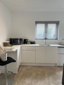 a white kitchen with a sink and a microwave at Terfyn Hall aquarium apartment 1 in Prestatyn