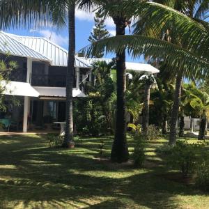 una casa con palmeras delante en Islands View - Mazor Beach Villas en Grand Gaube
