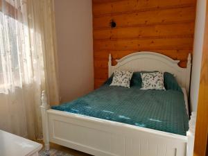 uma cama com um edredão verde e 2 almofadas em Apartament Wera em Kościelisko