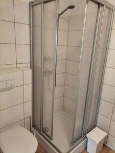eine Dusche mit Glastür neben einem WC in der Unterkunft Bremer Handelshaus Fremdenzimmer in Altmünden