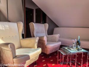 een kamer met 2 stoelen en een tafel met wijnglazen bij Villa Park in Bukowina Tatrzańska