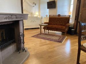 a living room with a couch and a fireplace at Napoleonzimmer / Studio in Maring-Noviand