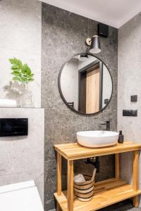 een badkamer met een wastafel en een spiegel bij Apartamenty Klemensówka in Zakopane