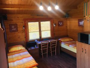 a room with two beds and a desk in a cabin at Lookout Resort tiny houses in Rovte