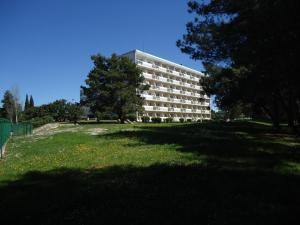 duży budynek na trawiastym polu z drzewami w obiekcie Hotel Pula w Puli