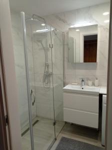 a bathroom with a shower and a sink at TIMO butas in Druskininkai +13 photos