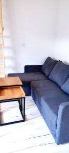 利普托斯基米庫拉斯的住宿－Aquamara Aquapark Tatralandia，客厅配有一张蓝色的沙发,配有一张桌子