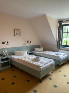 a room with two beds and a window at Müritz Landhotel Grüner Baum in Gotthun