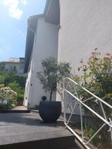 un grand pot noir assis à côté d'un bâtiment dans l'établissement Ferienhaus Am Reilsbach, à Cochem
