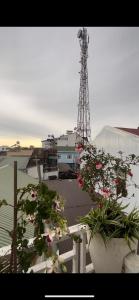 a balcony with potted plants and a radio tower at CSLTDL Quỳnh Nhi in Da Lat