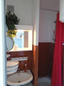 ein Badezimmer mit Waschbecken, Spiegel und Dusche in der Unterkunft Studio - Marina 6 - 35 allée des Pinons - 3-1 in Saint-Jean-de-Monts