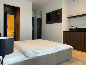 sypialnia z łóżkiem i telewizorem z płaskim ekranem w obiekcie Platinum Residence w Warszawie