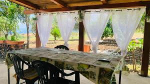 Casa vacanze Tilly في Pannaconi: طاولة وكراسي على فناء مع ستائر