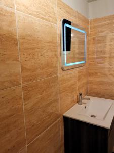 ル・ディアマンにあるLE DIAMANT Charmante Villa pour la famille ou entre amis SPA et Piscineの洗面台と鏡のあるバスルーム