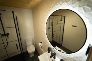 a bathroom with a toilet, sink and mirror at Skårungen - Hotel, Cabins and Camping in Kabelvåg