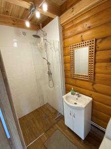W łazience znajduje się biała umywalka i prysznic. w obiekcie Domek apartament w Puszczy Augustowskiej w Płaskiej
