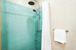 a bathroom with a shower with a blue tile wall at Espanhouse Maestro sea view apartment in Torrevieja +23 photos