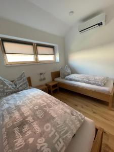 1 Schlafzimmer mit 2 Betten und 2 Fenstern in der Unterkunft Das Haus am Anger in Breitenbrunn